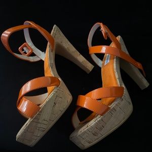 Steve Madden Cork High Heels Orange Leather Sandals